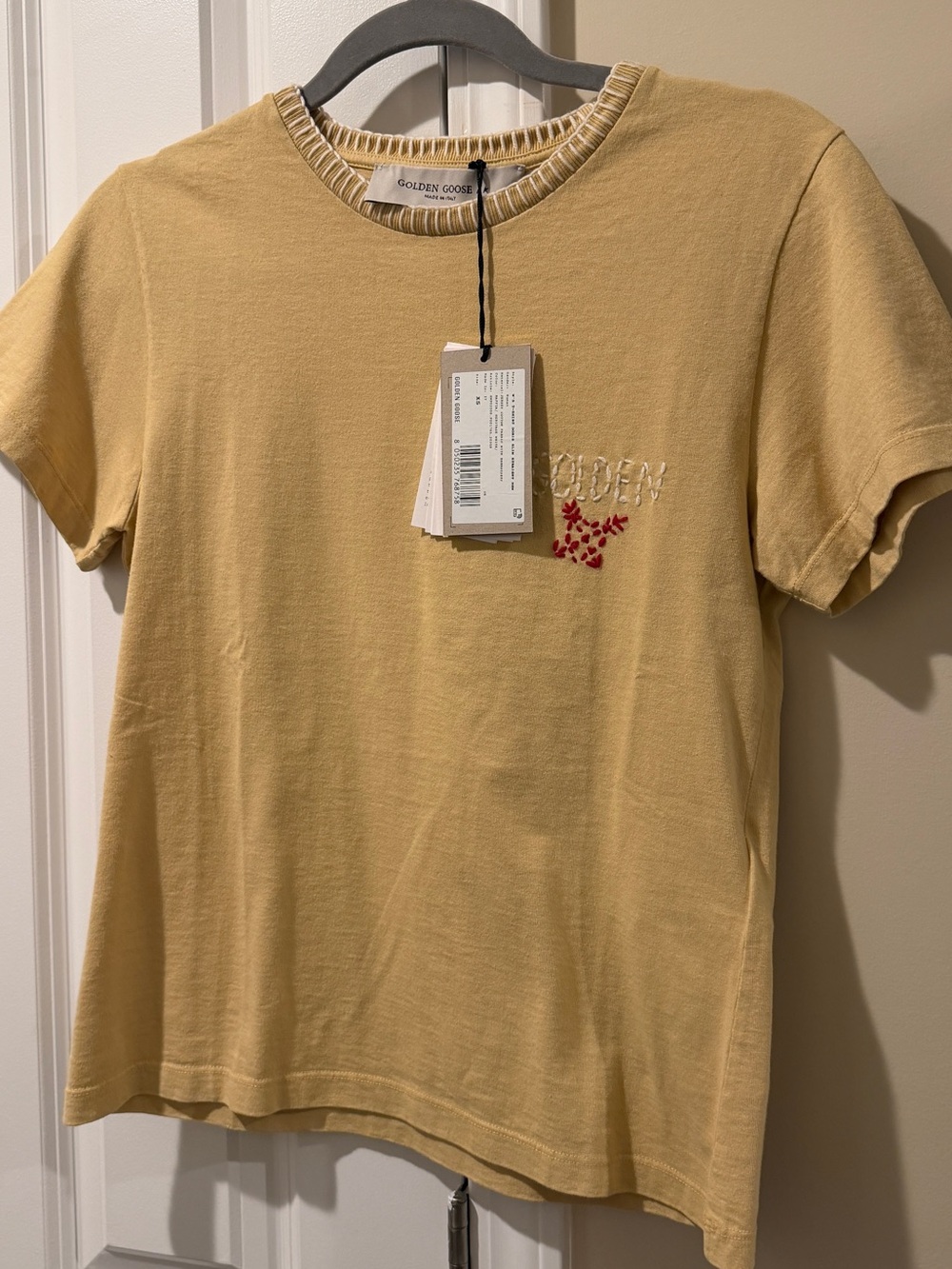 Golden Goose yellow cotton tee with red floral embroidery